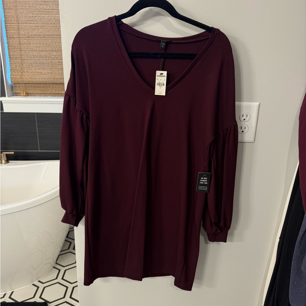 Express Boxy Maroon Long Sleeve Tunic Dress